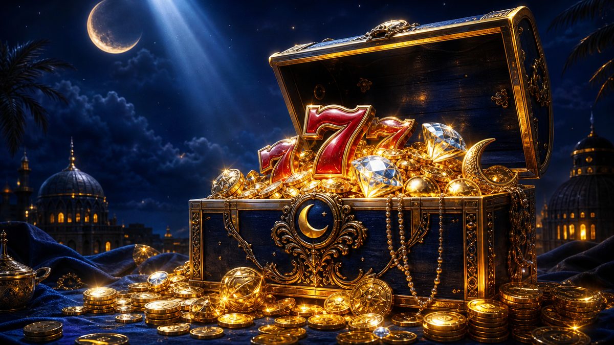Peti harta karun terbuka memancarkan koin dan simbol slot keberuntungan