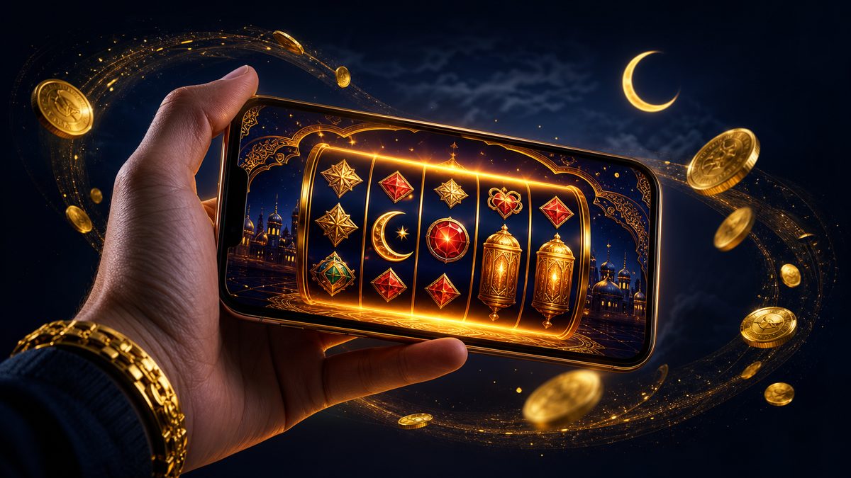 Telepon pintar menampilkan gulungan slot dengan koin emas mengorbit layar