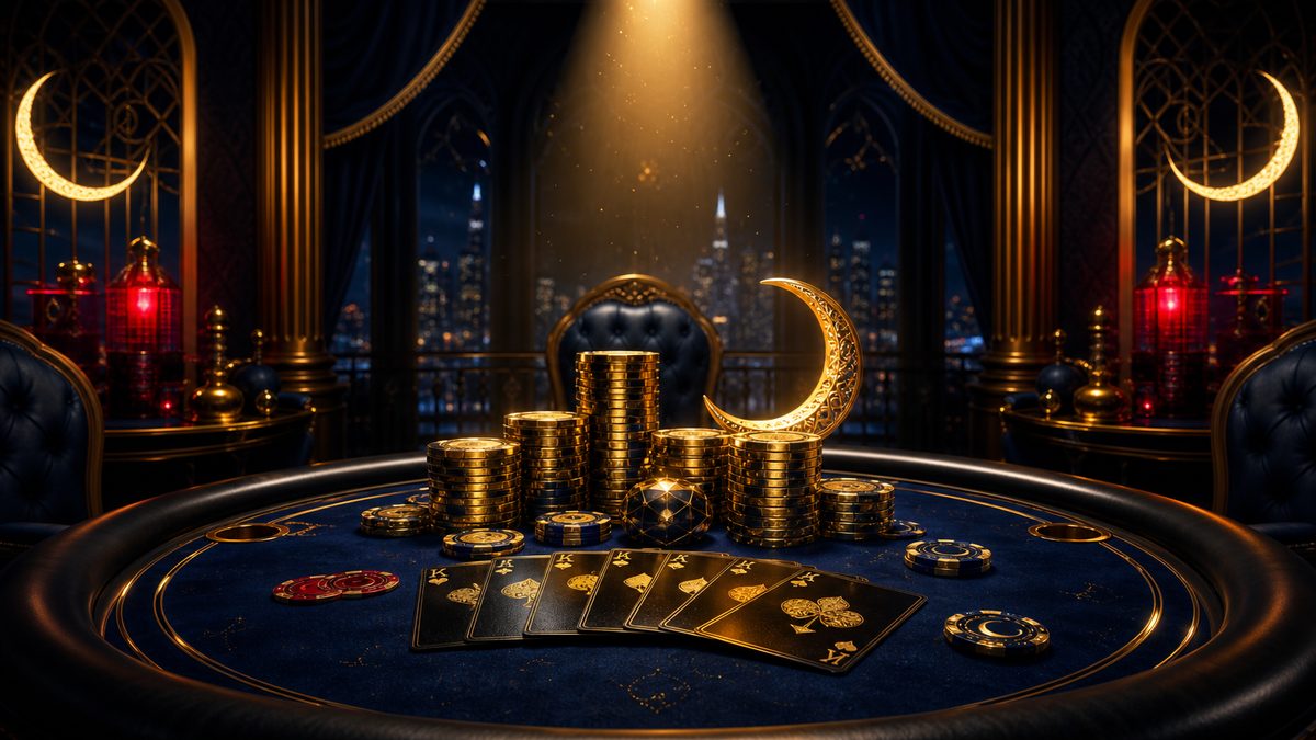 Meja poker dramatis dengan tumpukan chip emas