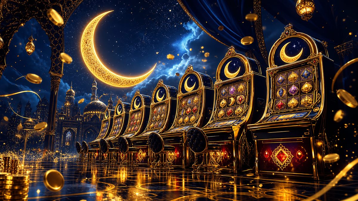 Deretan mesin slot bergaya mewah bersinar di bawah bulan sabit emas, menggambarkan tema Deluna4d