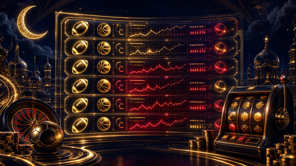 Papan odds hologram dengan grafik dan ikon sepak bola, basket, serta tenis