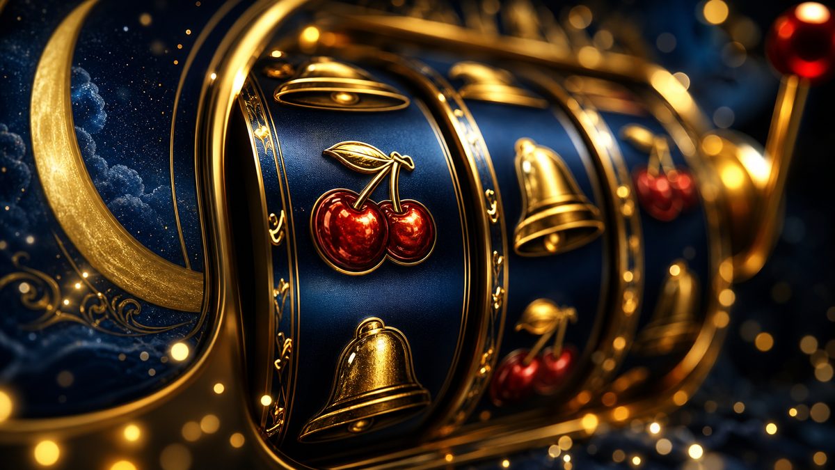Detail gulungan slot dengan simbol ceri, lonceng, dan bar dalam pencahayaan keemasan