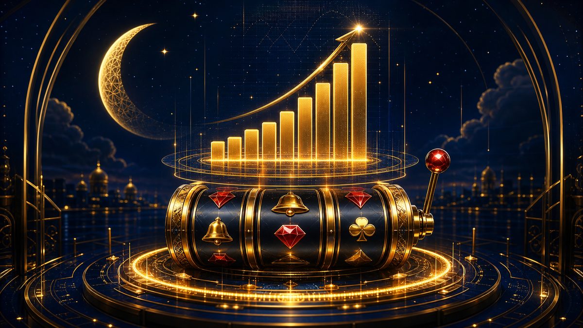 Infografi hologram batang grafik emas naik di atas gulungan slot
