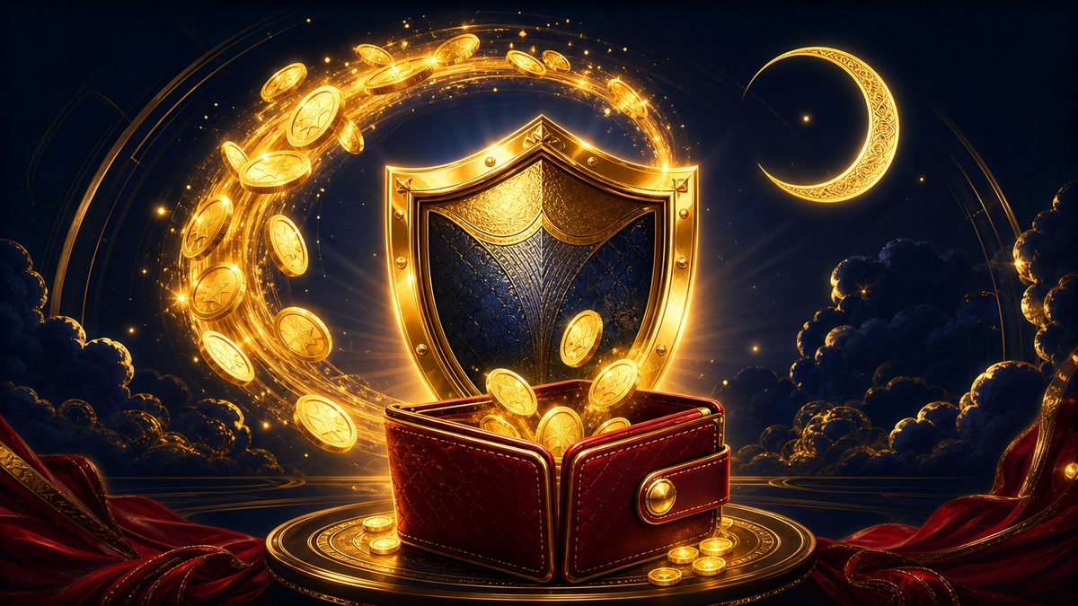 Perisai emas dengan lingkaran koin mengalir kembali ke dompet terbuka