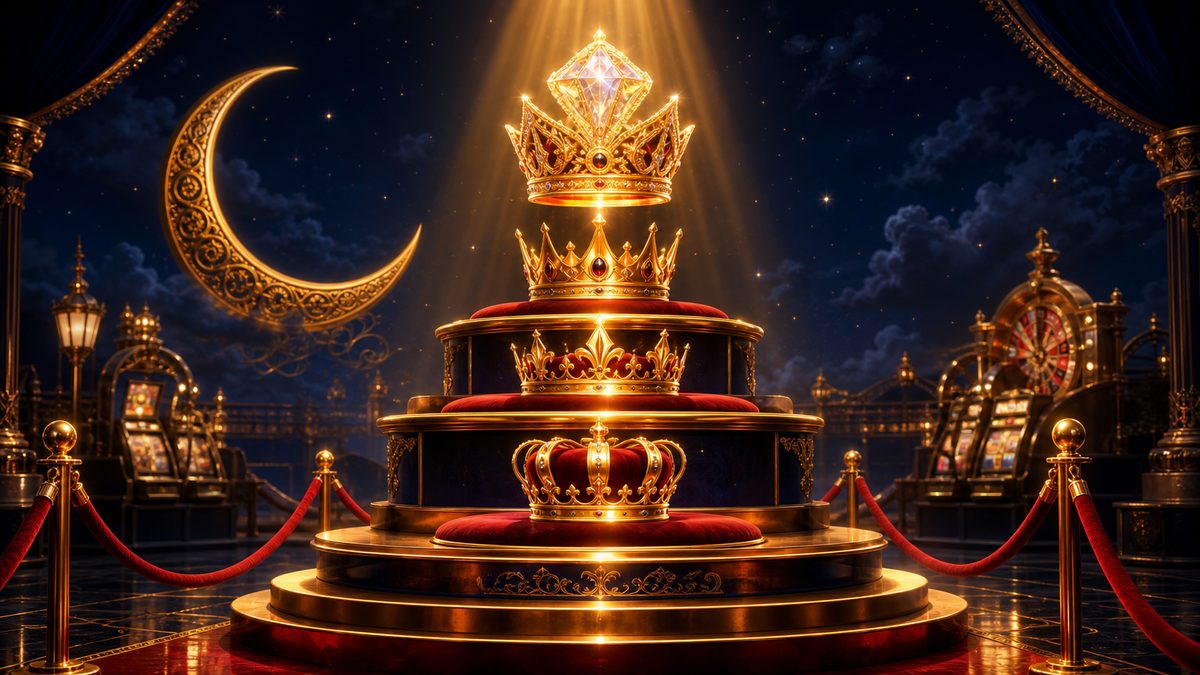 Panggung podium emas tiga tingkat menuju mahkota berlian bercahaya