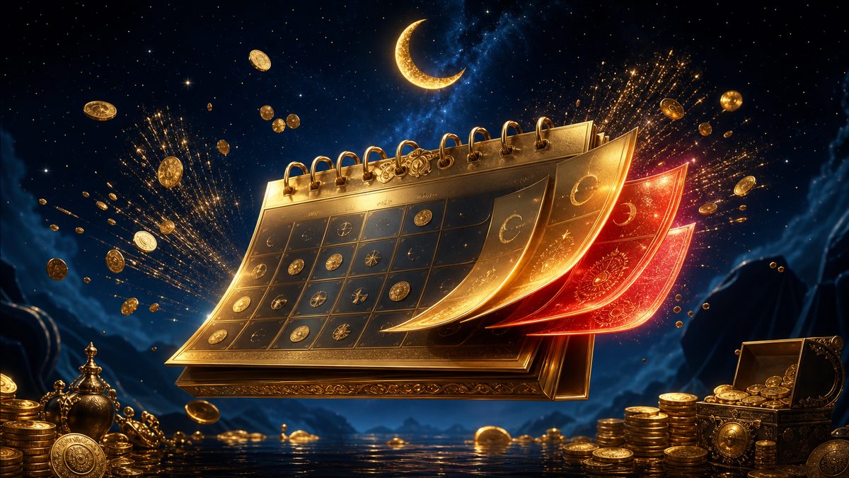 Kalender emas melayang dengan halaman akhir pekan berkilau dan ledakan koin