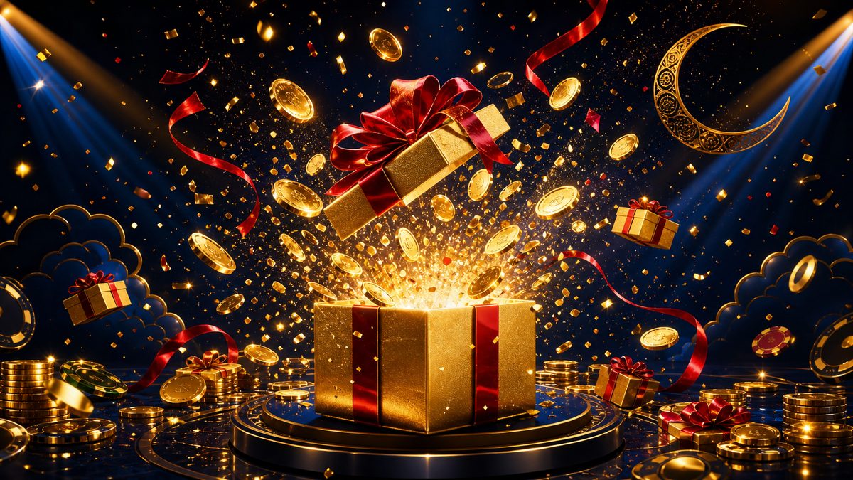 Kotak hadiah emas meledak memancarkan koin dan confetti merah