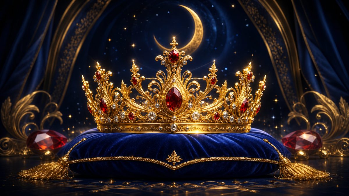 Mahkota emas berkilau di atas bantal beludru biru