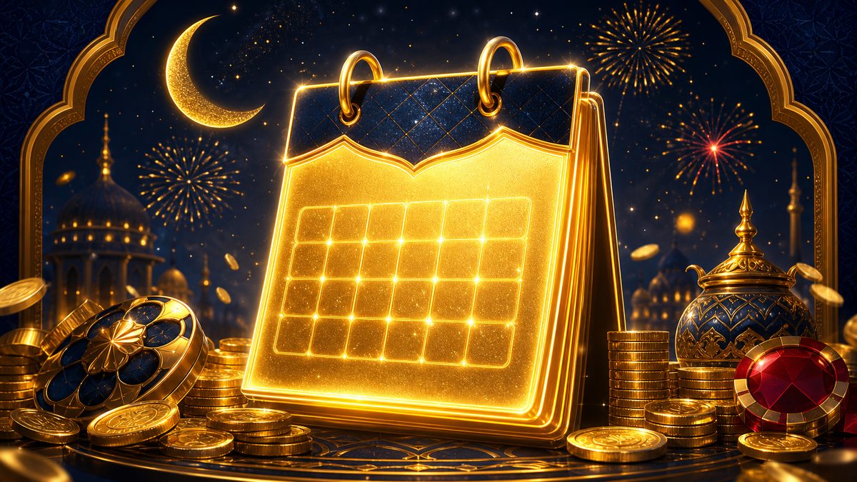 Kalender emas dengan kembang api dan koin